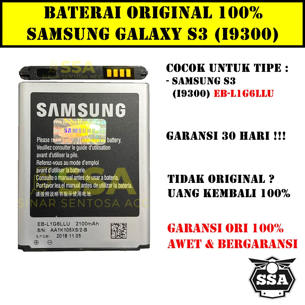 Baterai Original 100% Samsung Galaxy S3 i9300 EB-L1G6LLU Batre Batrai Battery Batrei Batere Batu HP ORI GARANSI Awet