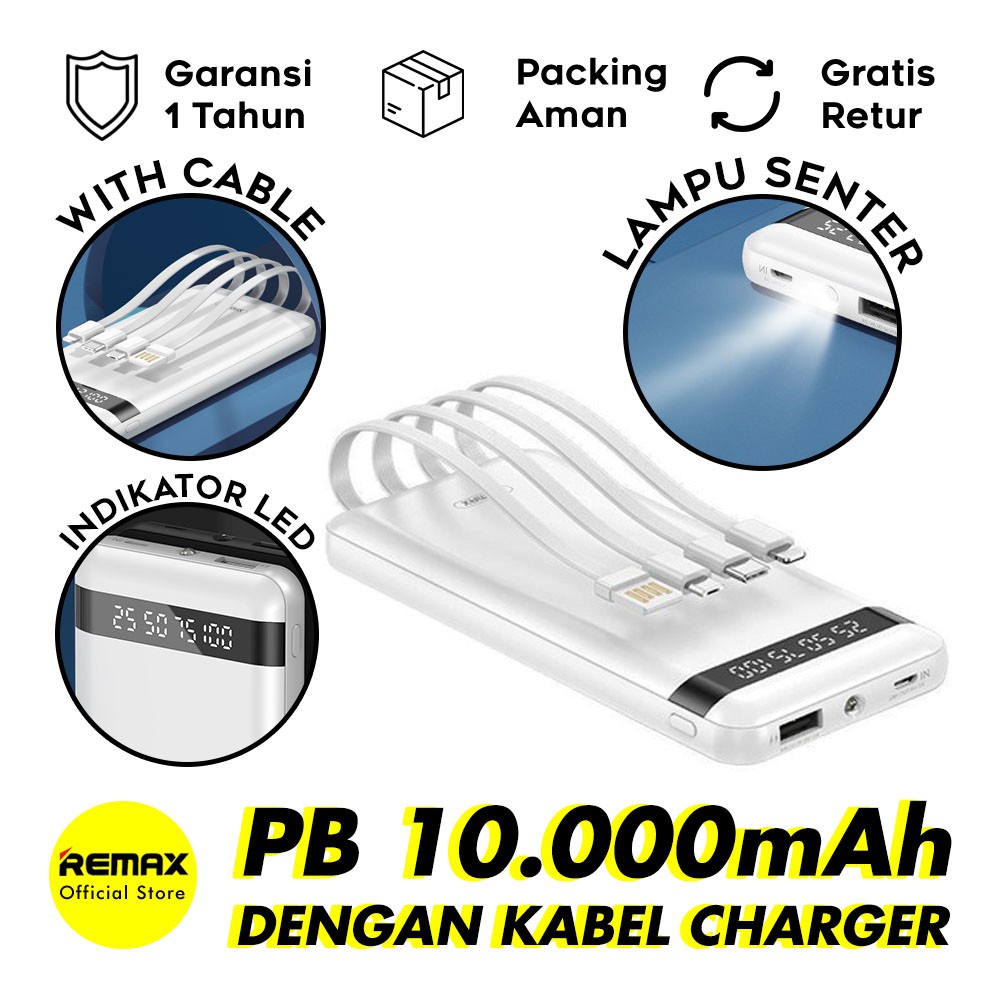 Remax Astro RPP-222 Powerbank 10000mAh  4 in 1 Kabel Cas Micro USB + USB Type-C + USB Lightning Fast