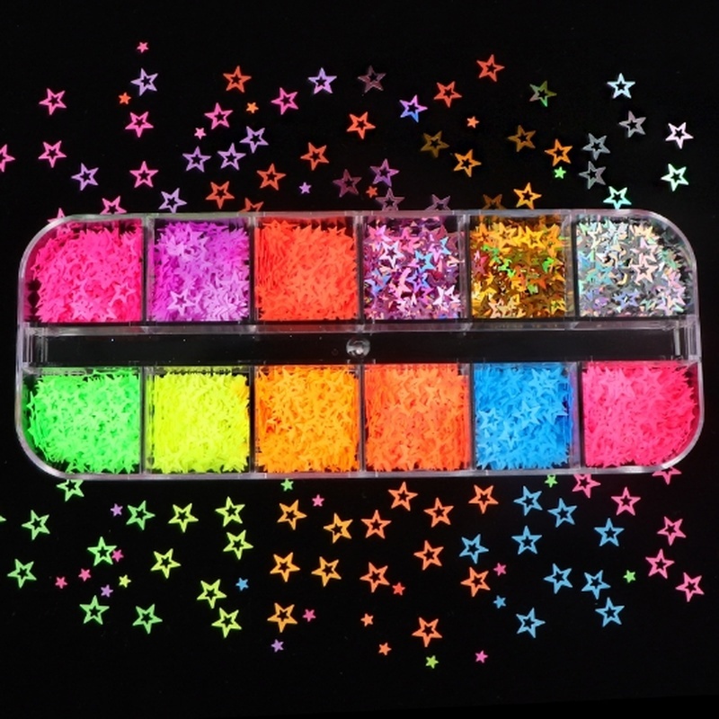 12 Grids Fluorescence Hollow Heart Neon Star Shapes Nail Art Glitter Flakes 3D Colourful Sequins Polish Manicure Nail Decoration