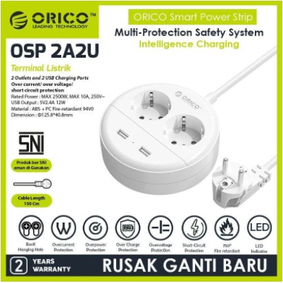 Stop kontak round orico 2 port with 2 usb charger 2.4a 1.5m cable SNI osp-2a2u-id - Power strip