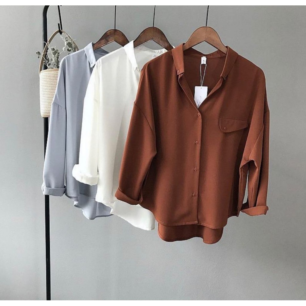 BAJU ATASAN KEMEJA WANITA MADANIA TOP KEMEJA WANITA LENGAN PANJANG CASUAL POLOS IMPORT JUMBO TERBARU-1