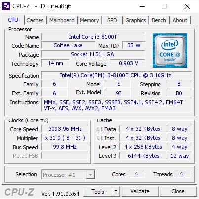 Processor Intel Core i3 8100T Tray Socket 1151 Not 8100