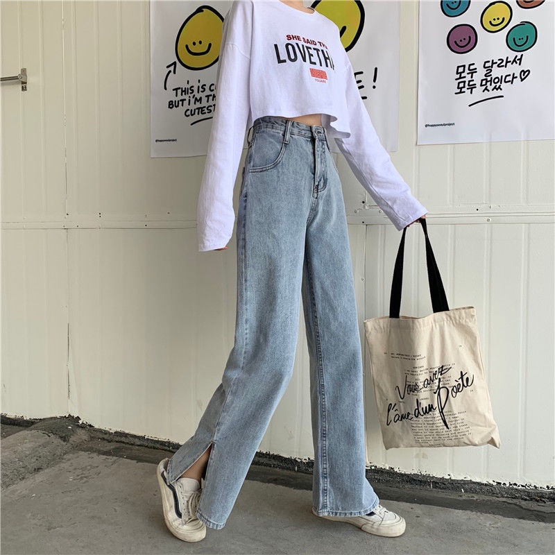 Versi Korea ins retro longgar lurus slit pinggang tinggi tren celana denim kaki lebar  ----Highwaist Loose Slit Jeans