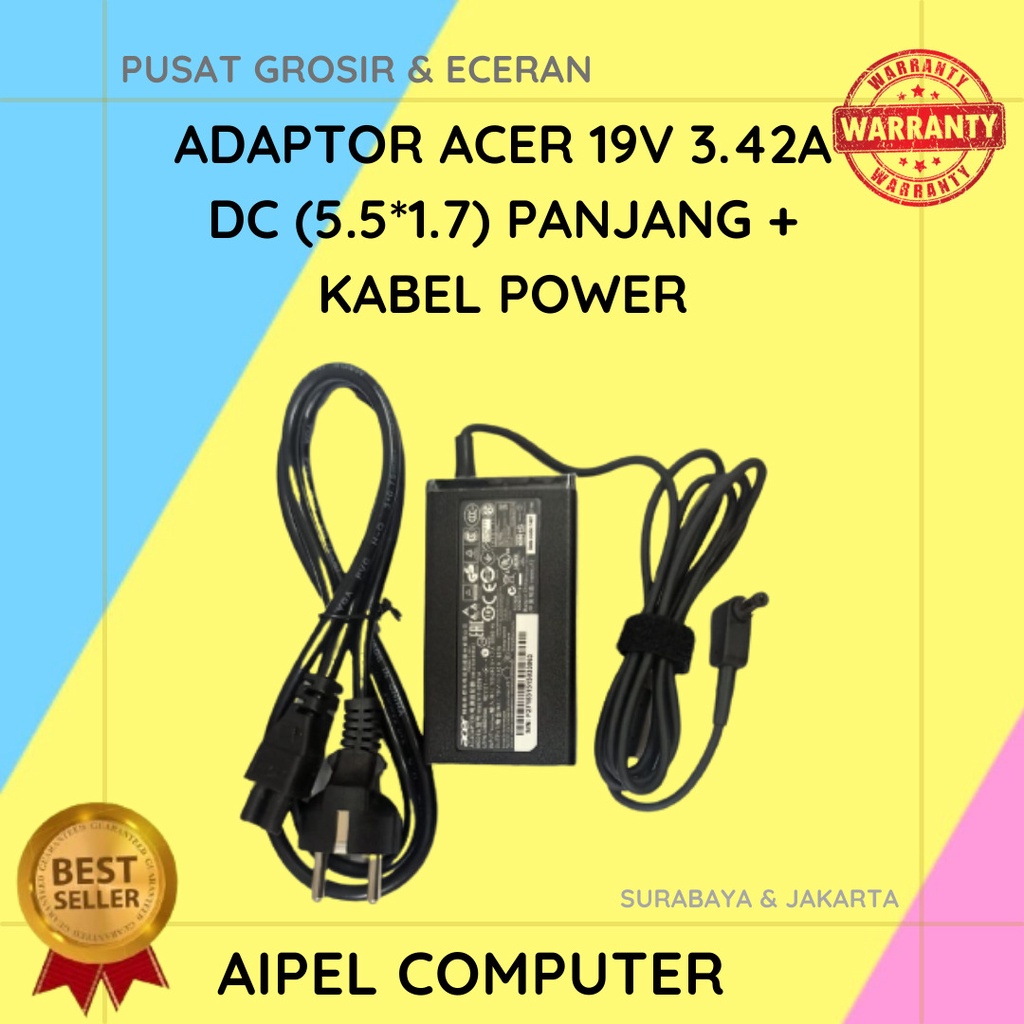 ACER193425517PKP | ADAPTOR ACER 19V 3.42A DC (5.5*1.7) PANJANG + KABEL POWER