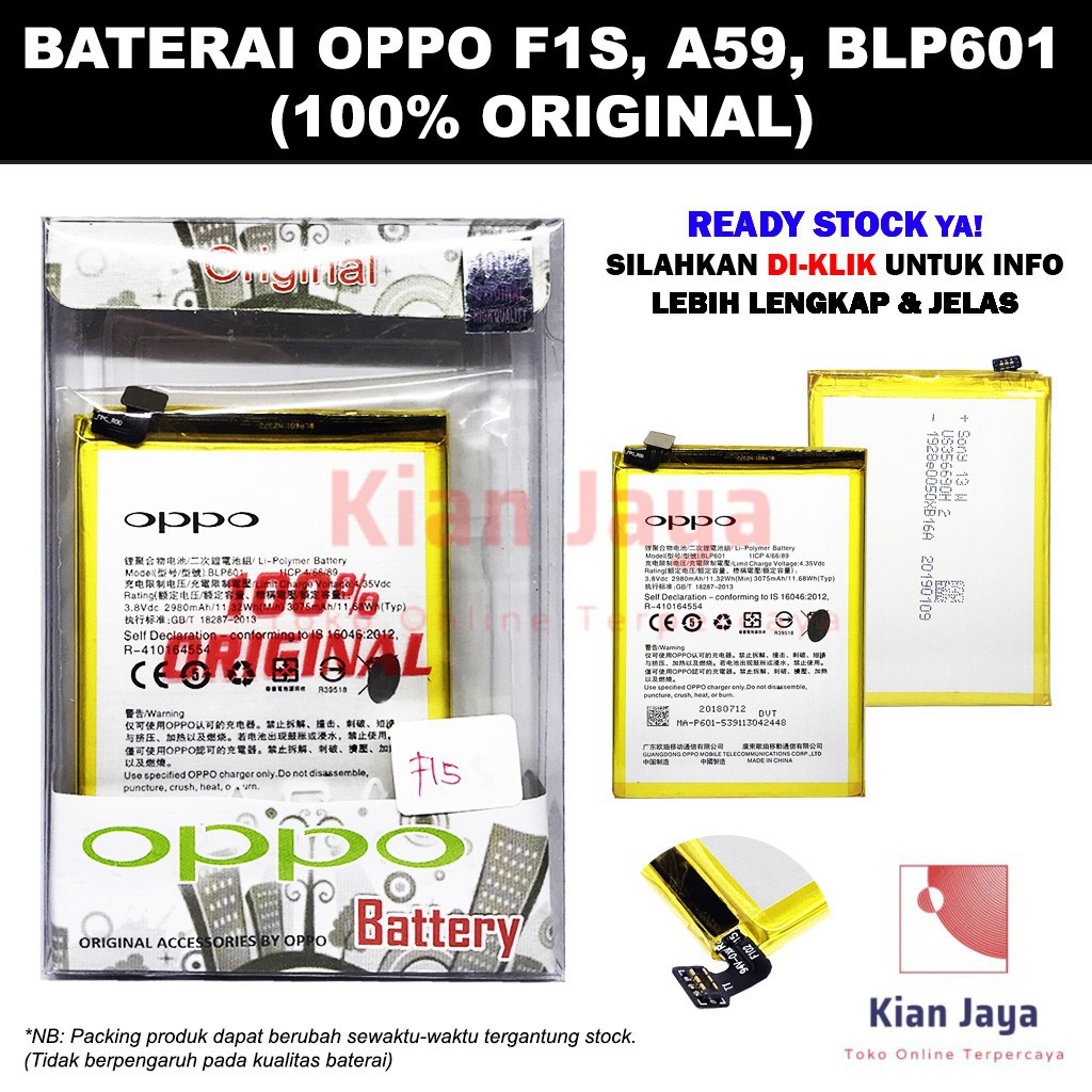 Baterai Original Handphone Oppoo F1S, A59, BLP601 Ori 100% Full Cell Battery