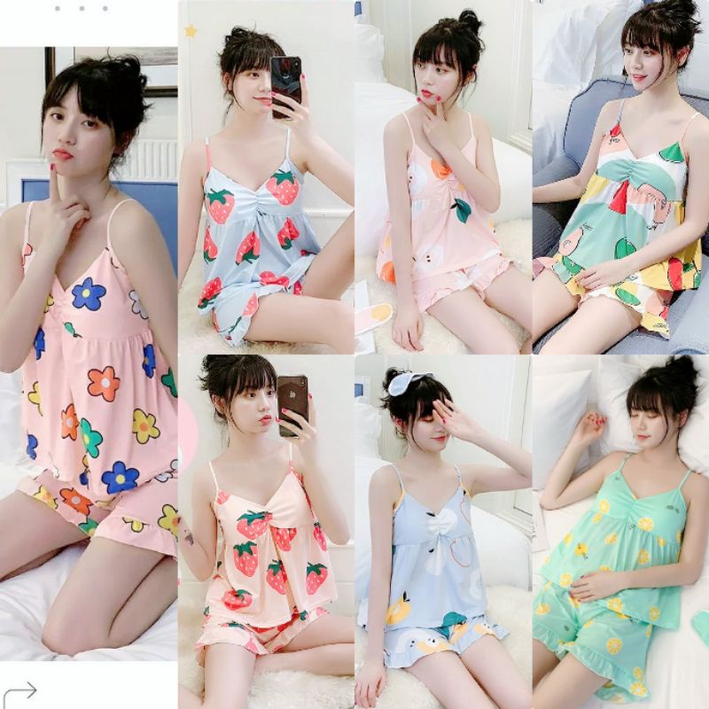 SETELAN PIYAMA SET BAJU TIDUR WANITA DEWASA HOT PANTS HOT PANT TANKTOP TALI BRA IMPORT STELAN PIAMA 