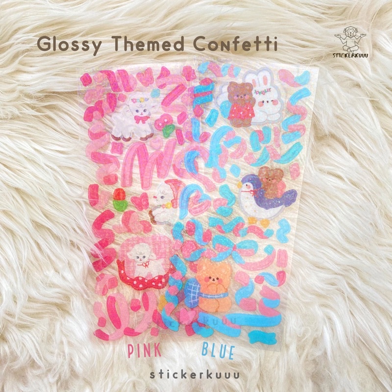 

Sticker Deco Dekorasi Photocard Jurnal Lucu Glossy Themed Confetti Ribbon Pita Beruang dan Domba