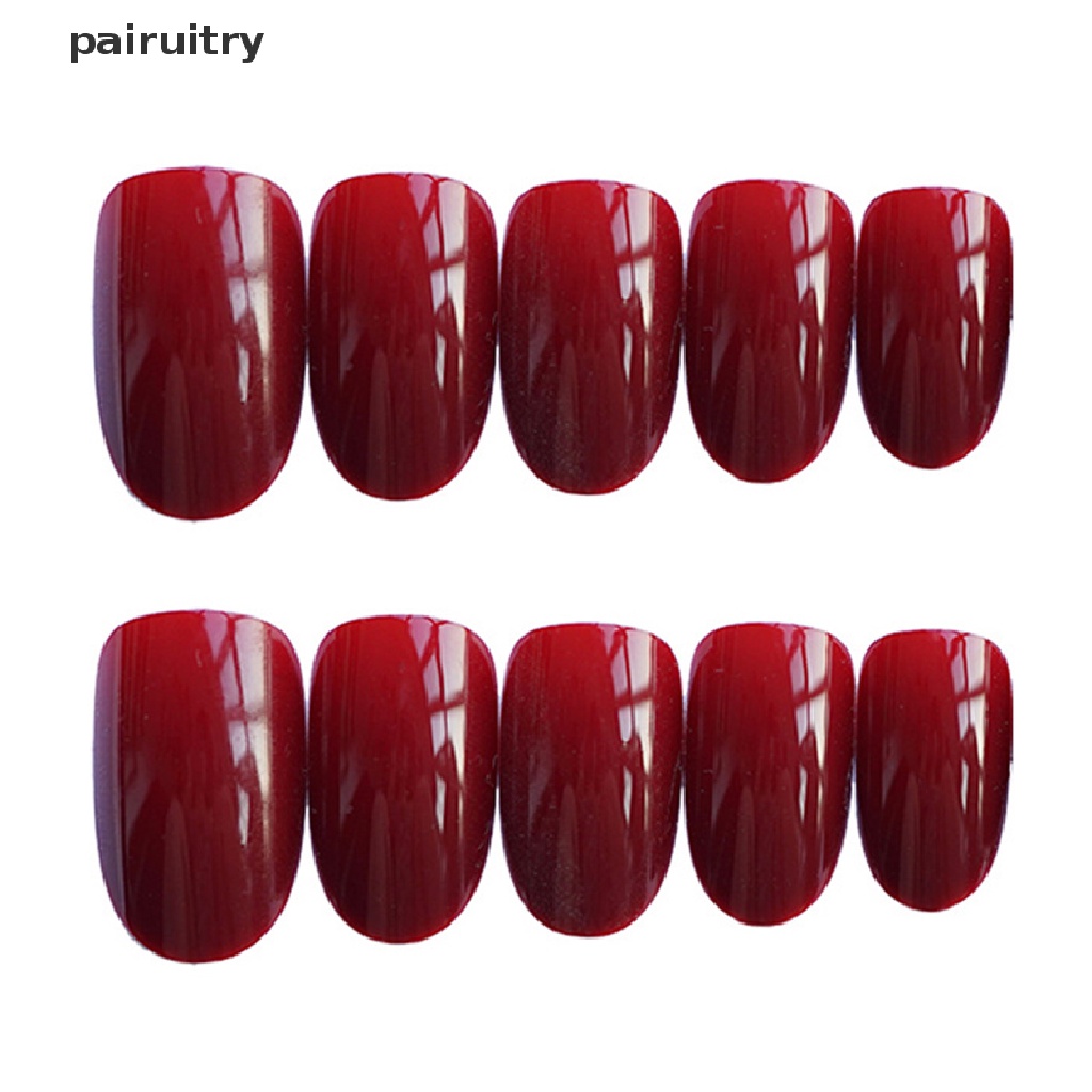 24pcs Kuku Palsu Kepala Bulat Warna Red wine Dengan Lem Untuk Dekorasi Manicure