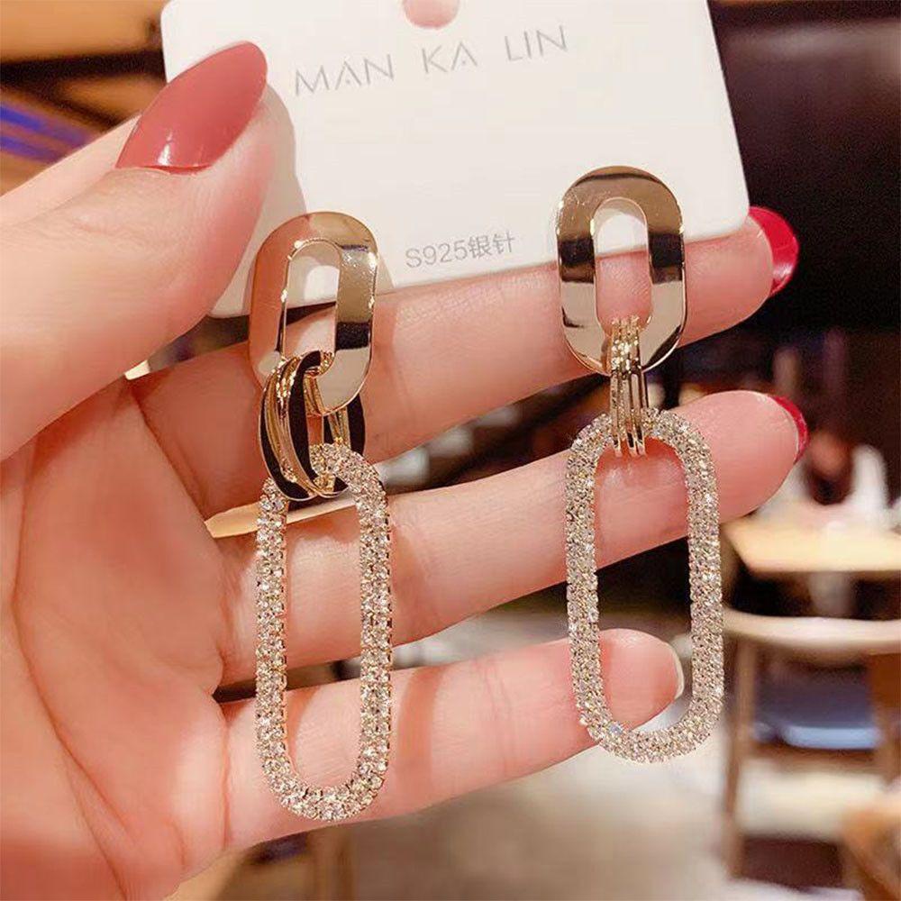 Solighter Anting Wanita Korea Emas Berlian Imitasi Stud Earrings