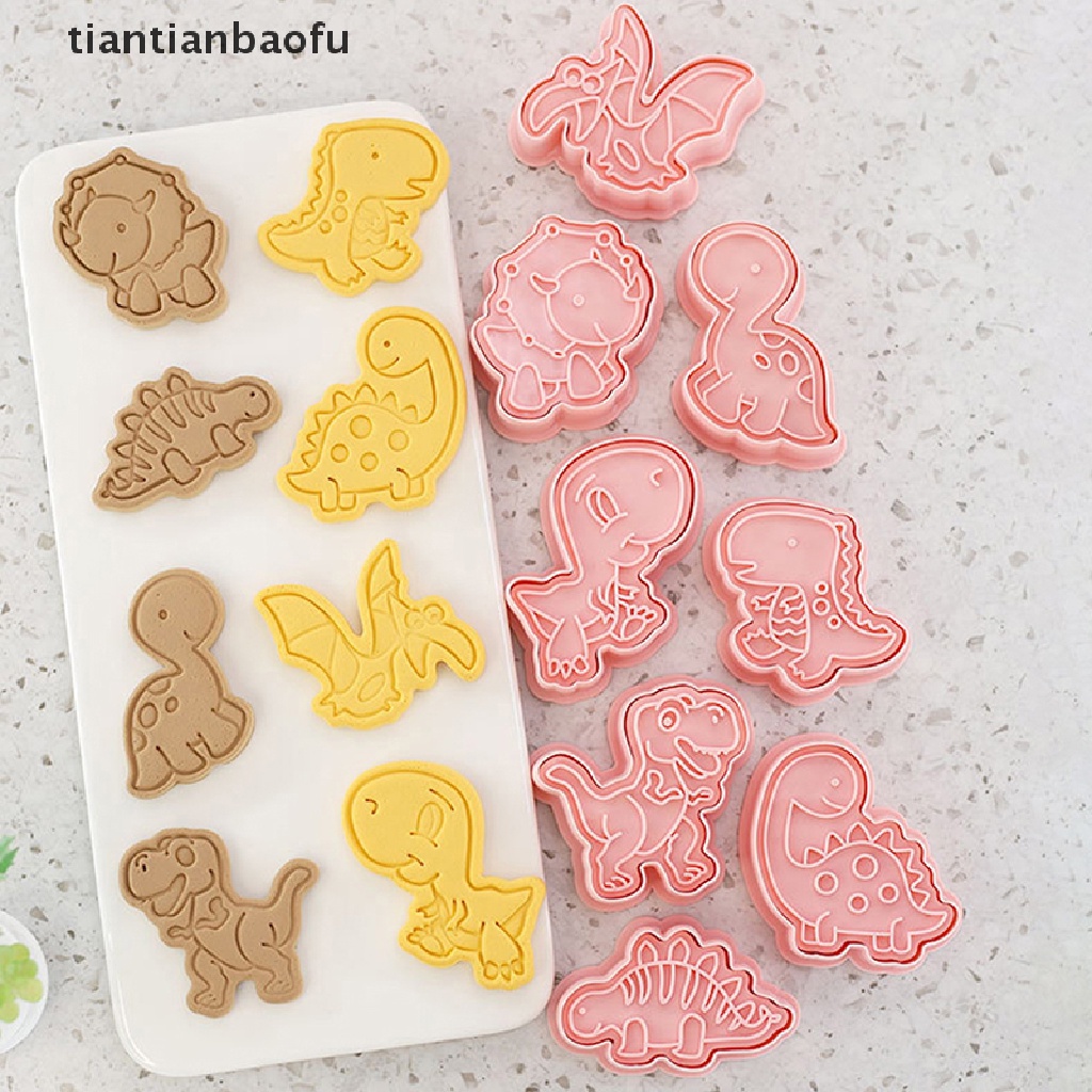 8pcs / Set Cetakan Kue / Biskuit Bentuk Kartun Dinosaurus 3D Bahan Plastik Untuk Alat Dapur Cetakan Kue DIY