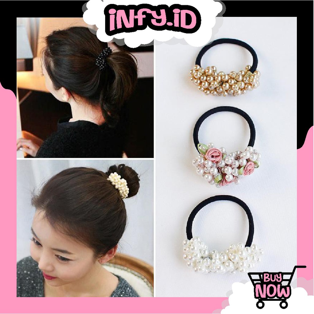 INFY - Ikat Rambut karet Scrunchie dengan Manik-Manik Mutiara Wanita Fashion Import R124 Murah COD