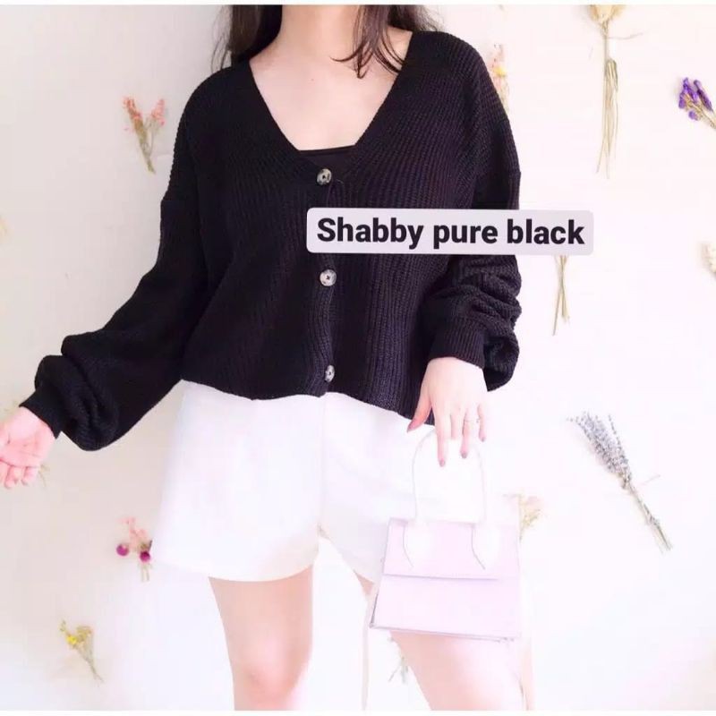 Joan Cardy Cardigan Rajut Shaby pullover crop bion outer vintage outer knitted kancing-Hitam