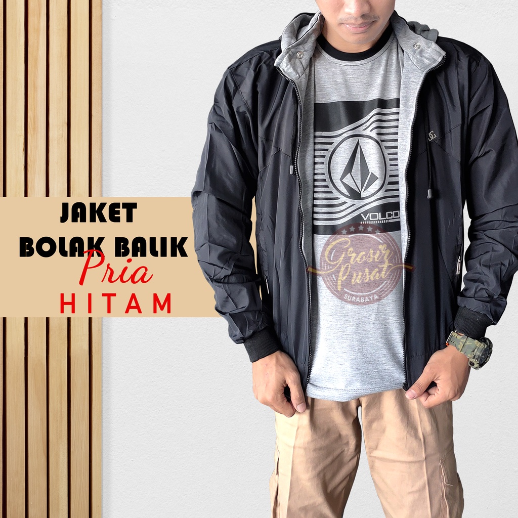 Jaket Bolak - Balik Hitam Parasut Fleece 2 In 1 Hoodie