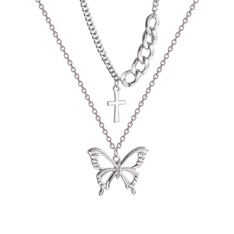 Double Butterfly Necklace Accessories Hip Hop Clavicle Chain Cross Pendant