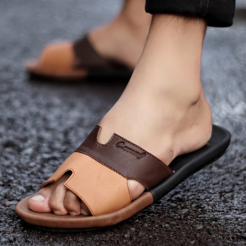 MOLK|Sandal Kulit Pria Selop Casual Kasual Brown Black Combi Sendal Slop Santai Murah Cowok