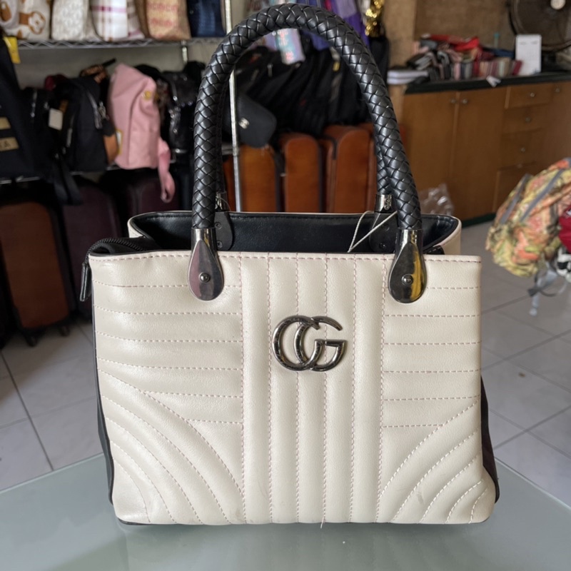 [DEFECT SALE] Tas Wanita Top Handle Bag Sling Selempang Tali Panjang Tekstur Polos Broken White CG L