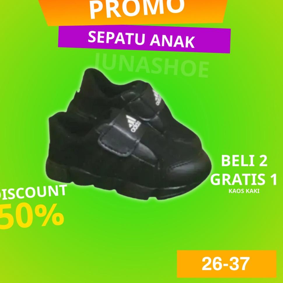 7FF Sepatu sneakers anak cewe cowo sepatu sekolah tk sd hitam polos★• (Ready's stock)