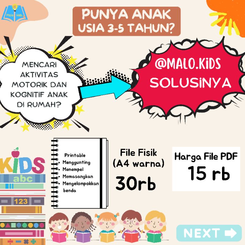 Printable Worksheet (file pdf) untuk anak usia 3-5 tahun - lembar kerja anak paud TK