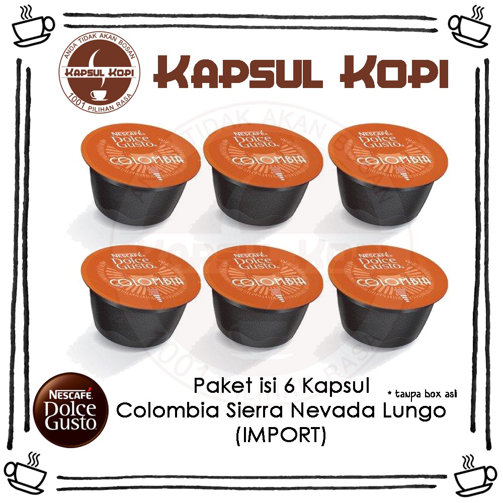 

Paket 6 KapsulKopi Colombia Sierra Nevada Lungo Nescafe Dolce Gusto Coffee Capsule