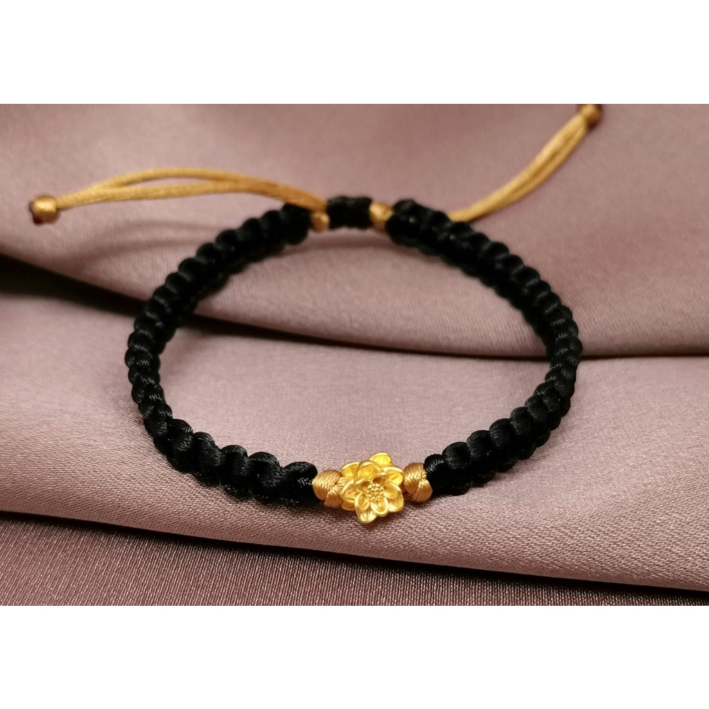 Gelang Charm Teratai Lotus Emas kadar 24k HK Hongkong 999.9% 9999 &amp; Gelang Serut (Kepang Serut / Plintir Serut)