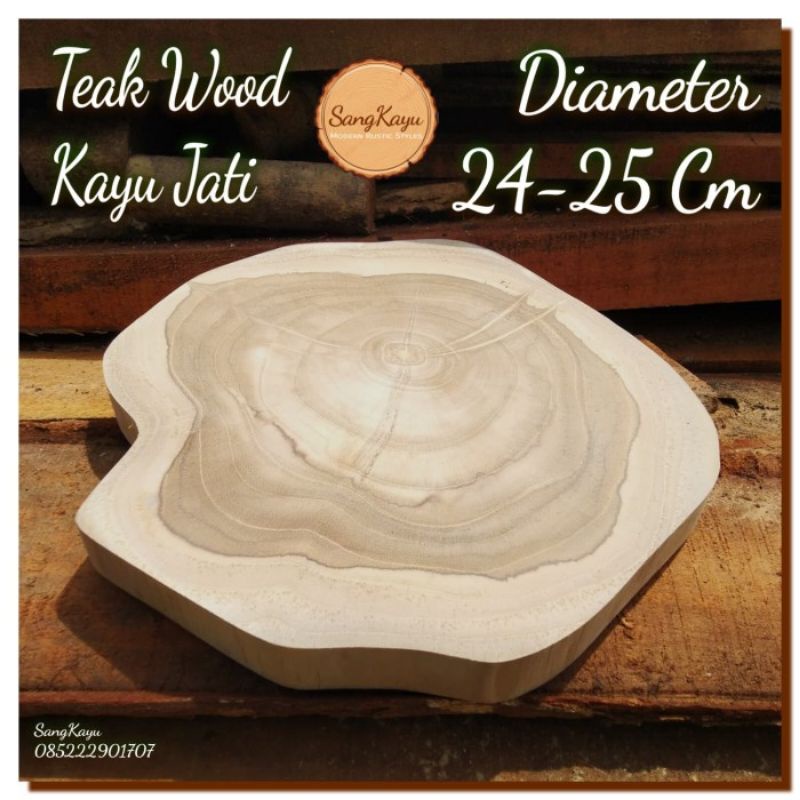 Talenan kayu jati asli bulat alami 24-25 cm teak wood cutting board