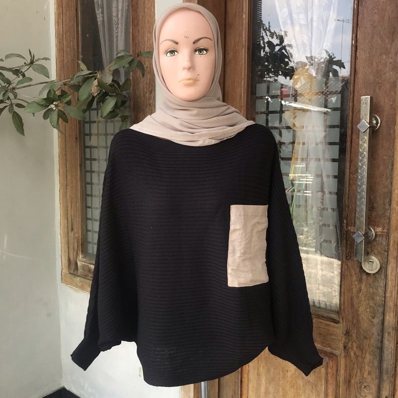 LEXA BATWING | BAJU SWEATER RAJUT | , ATASAN WANITA | BAJU RAJUT SAKU, BATWING SAKU-Hitam