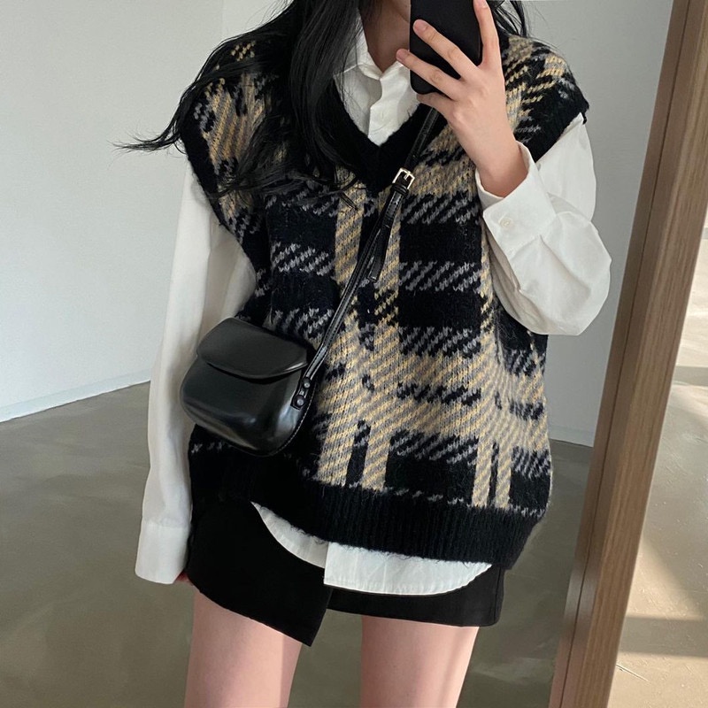 SOOYA Vest Rompi Argyle V Neck Motif Sweater Kotak Rajut Wanita Korea