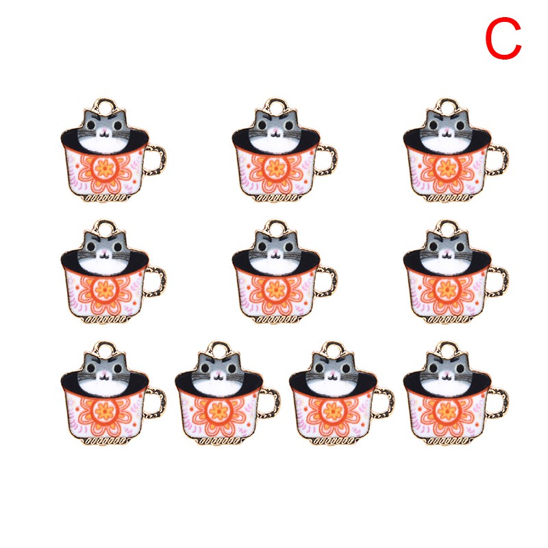 Hbid Glory 10Pcs / Set Liontin Enamel Alloy Bentuk Kucing / Cangkir Teh Untuk DIY Perhiasan / Craft