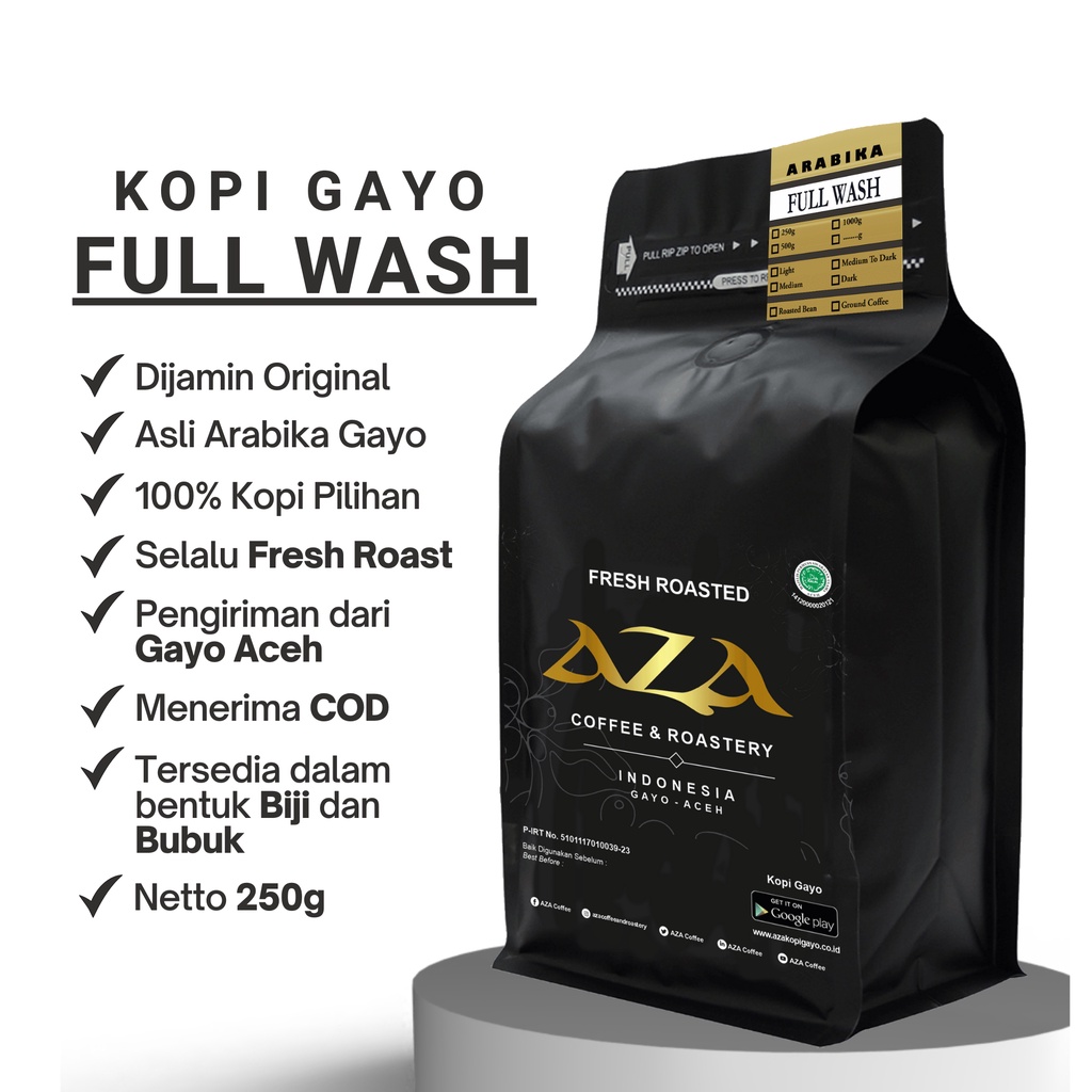 

Kopi Arabika Gayo Aceh Full Wash Coffe 250g-Kopi Bubuk/Biji- AZA Coffee and Roastery