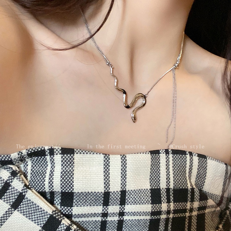 Kalung Choker Rantai Klavikula Liontin Ular Ganda Warna Silver Untuk Aksesoris Perhiasan Wanita