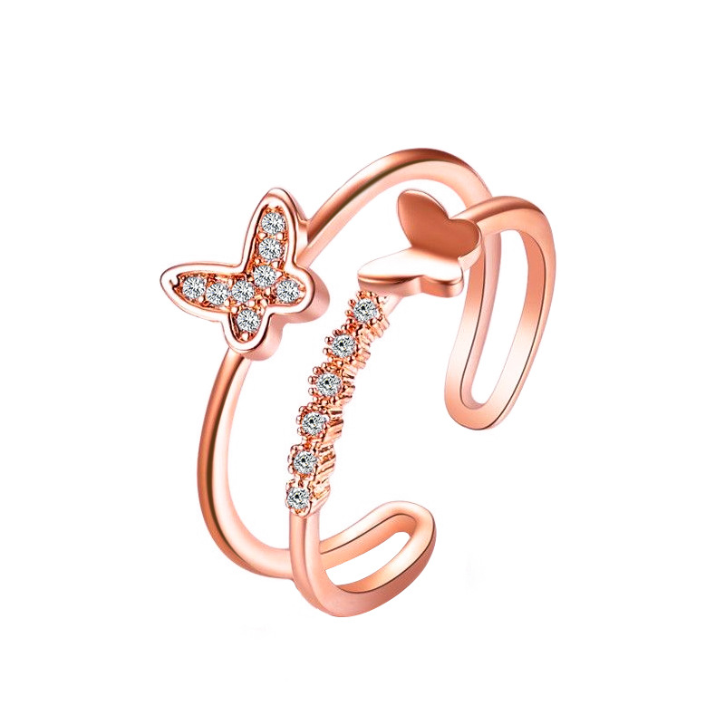 Korean Fashion Butterfly Rings Adjustable Double Butterfly Diamond Opening Ring Rose Gold Silver Jewellery