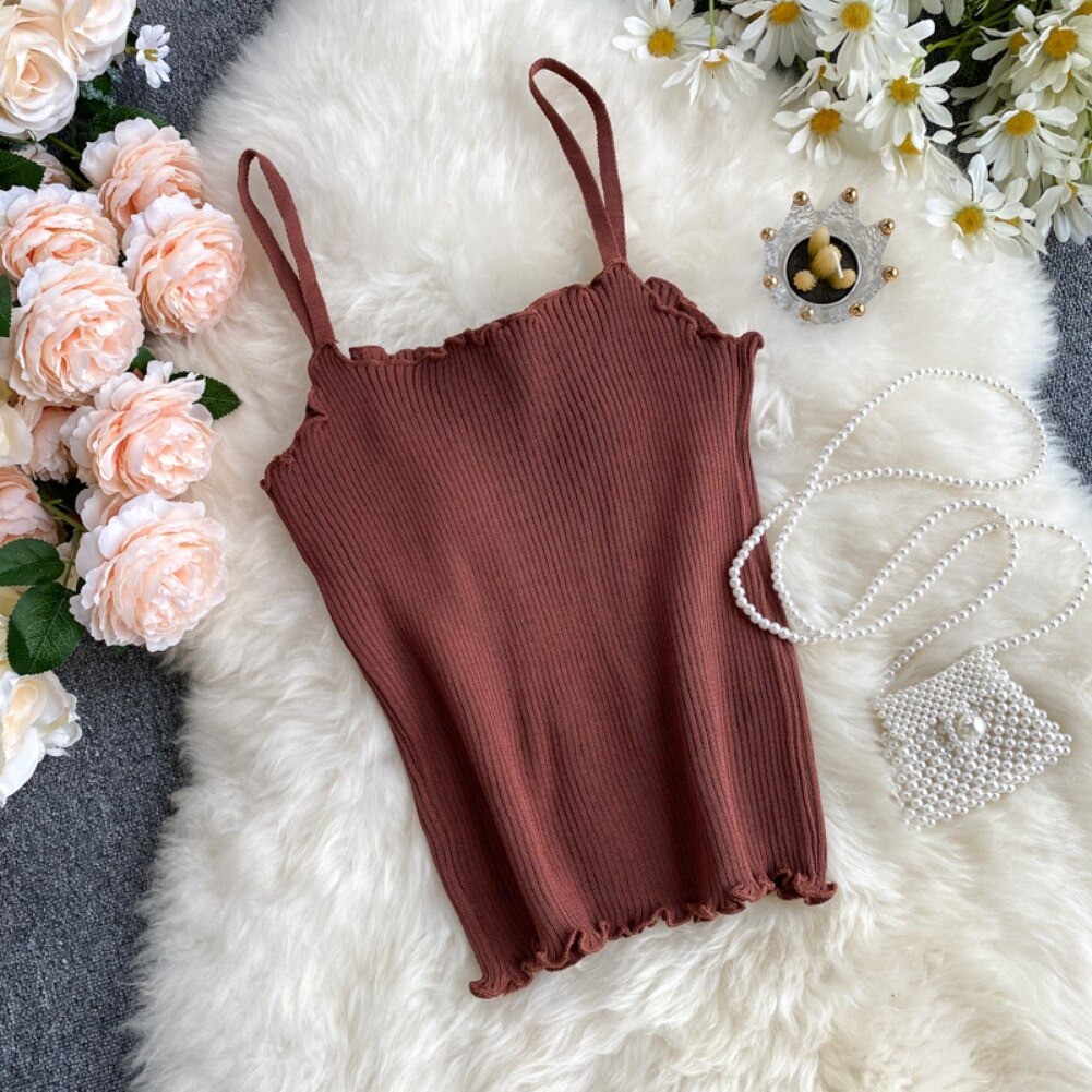 Korean Knit Tank Top Wanita Rajut Polos C049-Bata