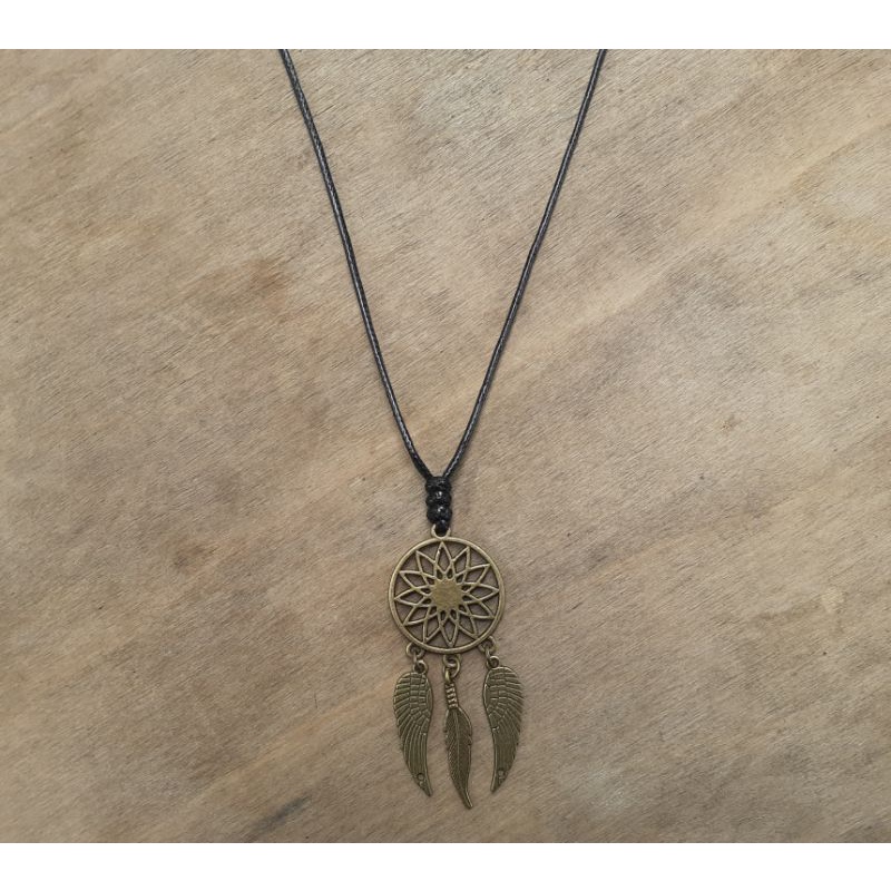 Kalung Mandala Dream Catcher Bronze Silver dengan charm wings dan leather bulu