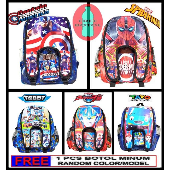 Tas Ransel anak Laki-laki Sekolah TK / SD karakter ULTRAMAN - SPIDERMAN - TOBOT - TAYO FREE BOTOL!!!