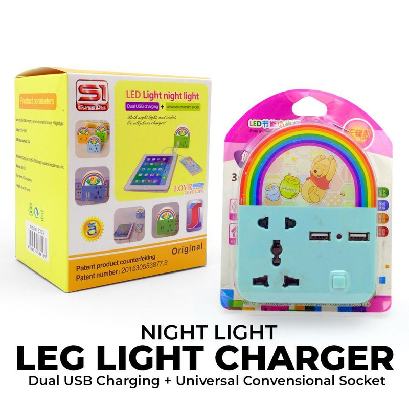 TRAVEL ADAPTOR CHARGER S1 - 5V- 3.8A - LED light night + 2 USB Charger + Universal Socket