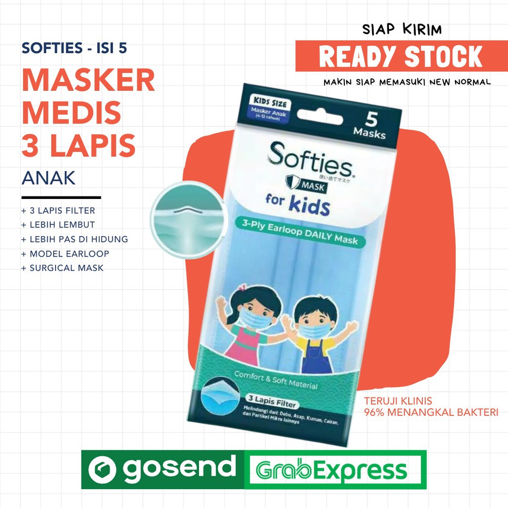 [SIAP KIRIM] Masker Softies Daily Mask untuk ANAK (4-12 tahun) earloop, isi 5 Mask