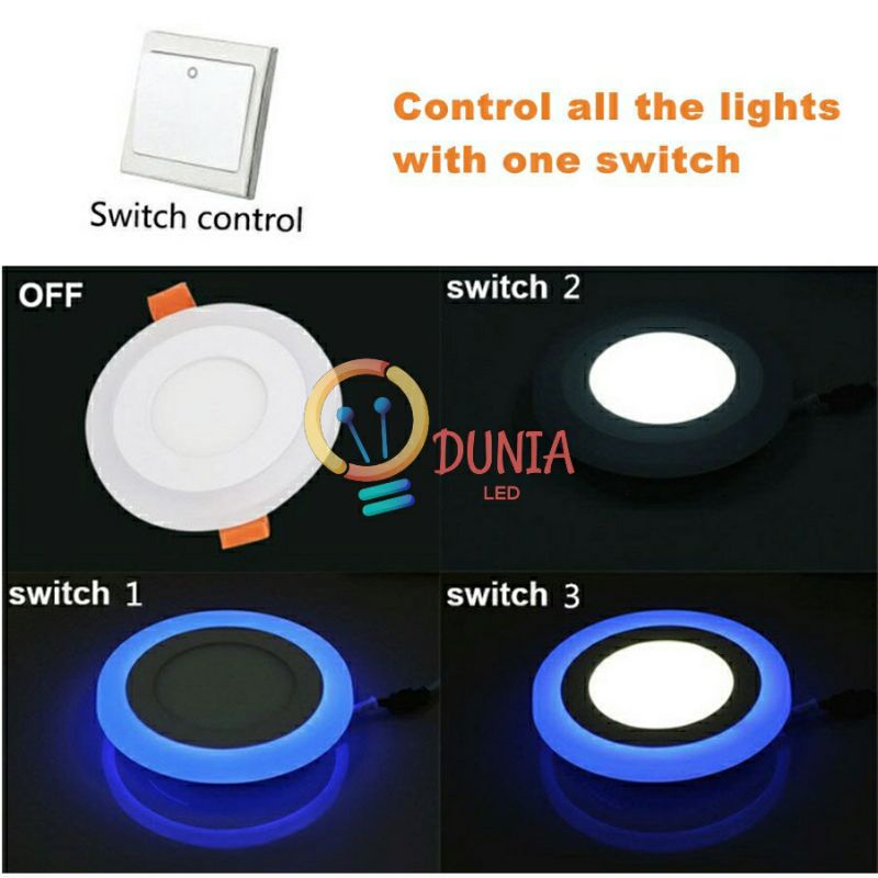 Panel LED 2 Warna 3+3  Watt Biru/Kuning/Pink / Down light / Inbouw BULAT