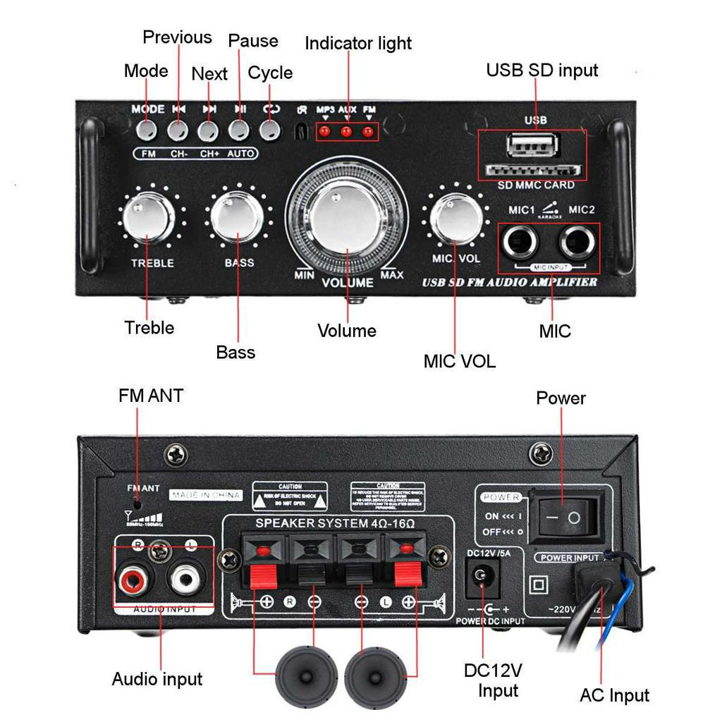 Audio Amplifier Bluetooth 5.0 Microphone AUX FM MP3 Player - AV-263B - Black