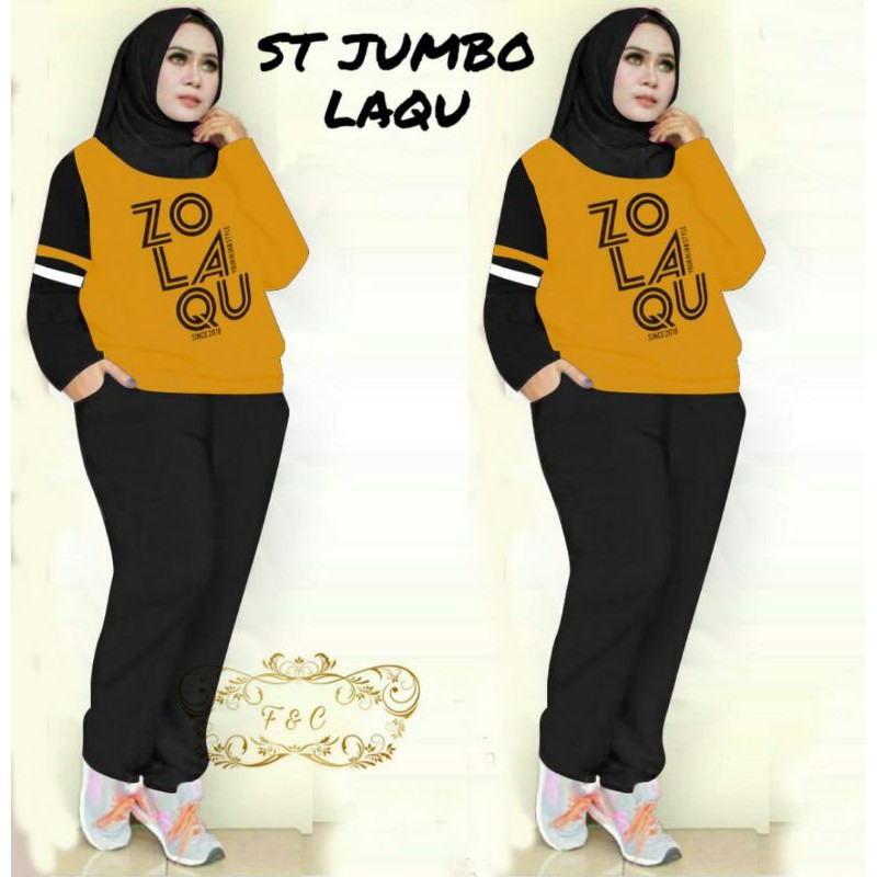 SET LAQU JUMBO FASHION PAKAIAN WANITA SETELAN ATASAN DAN CELANA TRAINING ZOLU BIGSIZE FEHM