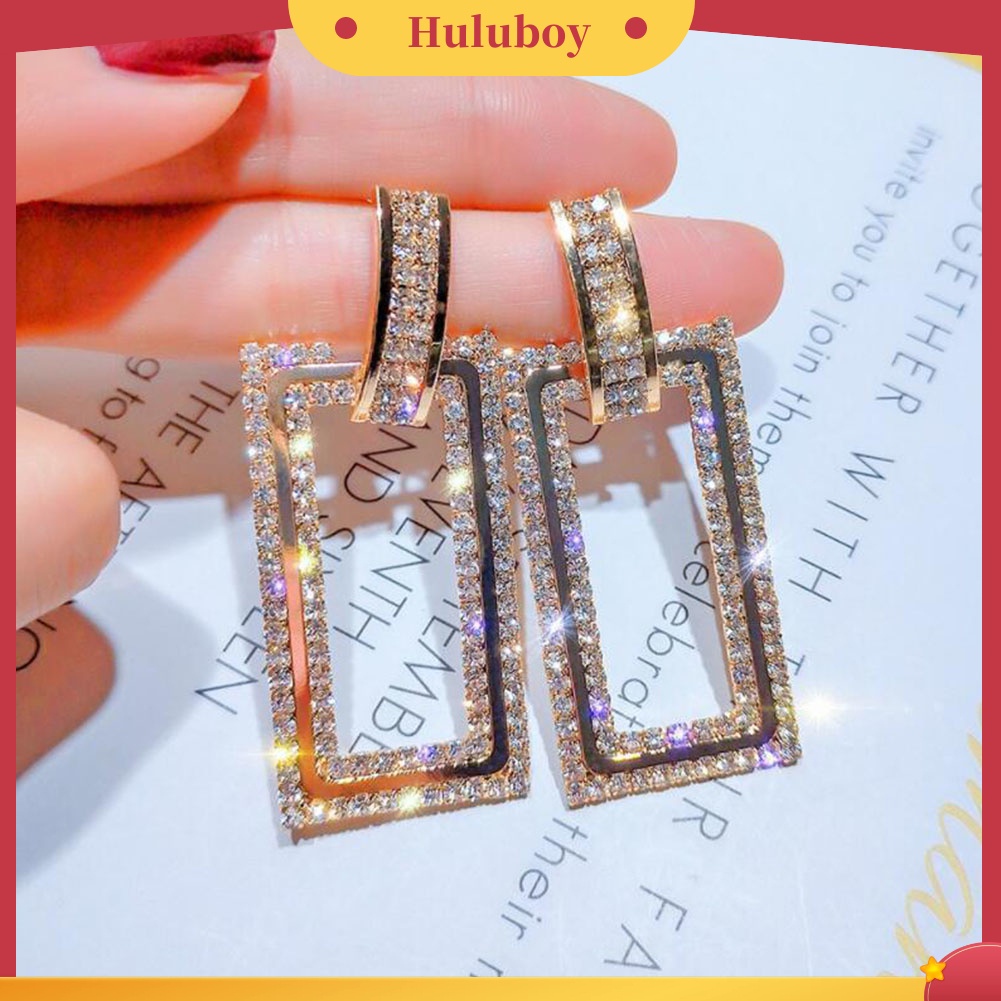 Hu Hu Hu Hu Hu Alat Bantu Pasang Kacamata♡ Anting Tusuk Gantung Wanita Desain Persegi Panjang Hollow Hias Berlian Imitasi Untuk Hadiah