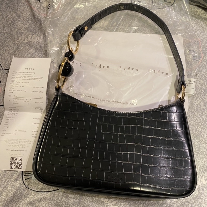 PEDRO CROCO SHOULDER BAG BLACK AUTHENTIC ORIGINAL SECOND PRELOVED