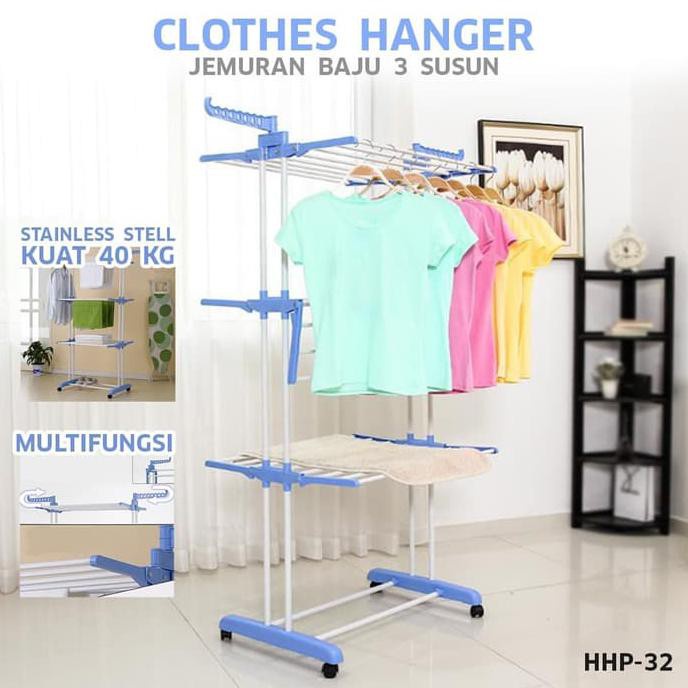 TURUN HARGA Jemuran Baju Lipat Simpel Utk Di Apartement / Jemuran Baju Bayi / Jemuran Korea 3 Susun KOKOH STAINLESS Stand Hanger Lipat Rak Jemuran Jepit Gantungan Handuk 3 Tingkat Jemuran Baju Foldable Clothes Drying Airer Rak jemuran lipat