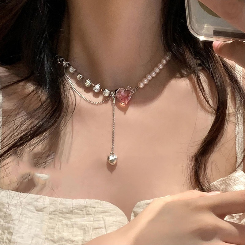 Kalung Rantai Klavikula Liontin Mutiara Berlian Rumbai Warna Pink Kalung Persahabatan hari Valentine