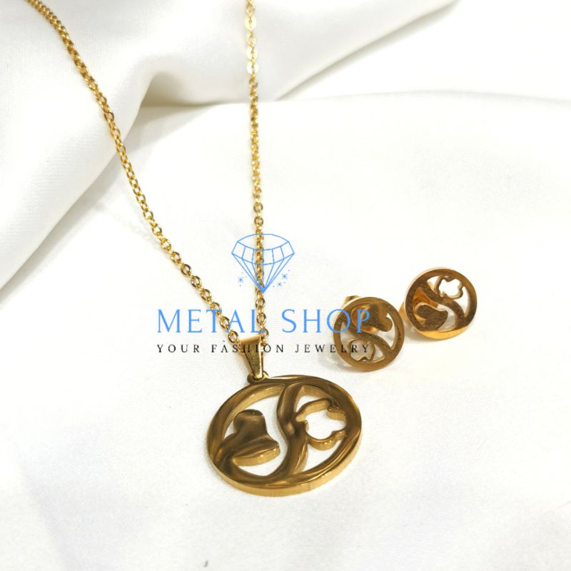 Kalung set liontin anting titanium terlaris model love bear