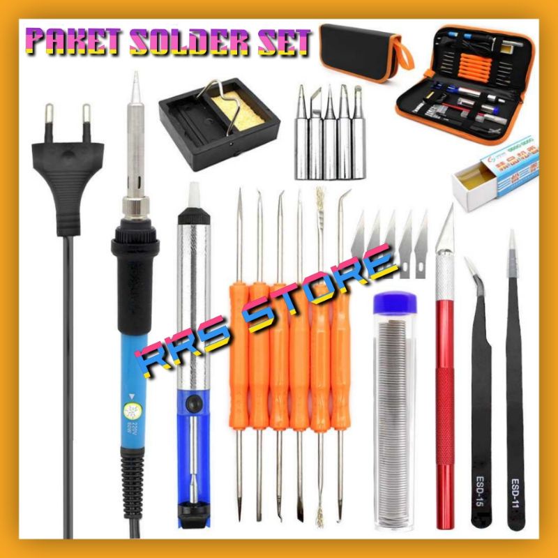 Satu Paket lengkat solder listrik set GEYOTAR Peralatan Solder Iron Kit 60W 220V - SIK-003 Taffware Solder Iron Adjustable Temperature 60W with 5 Tips mata solder Perlengkapan set solder multifungsi