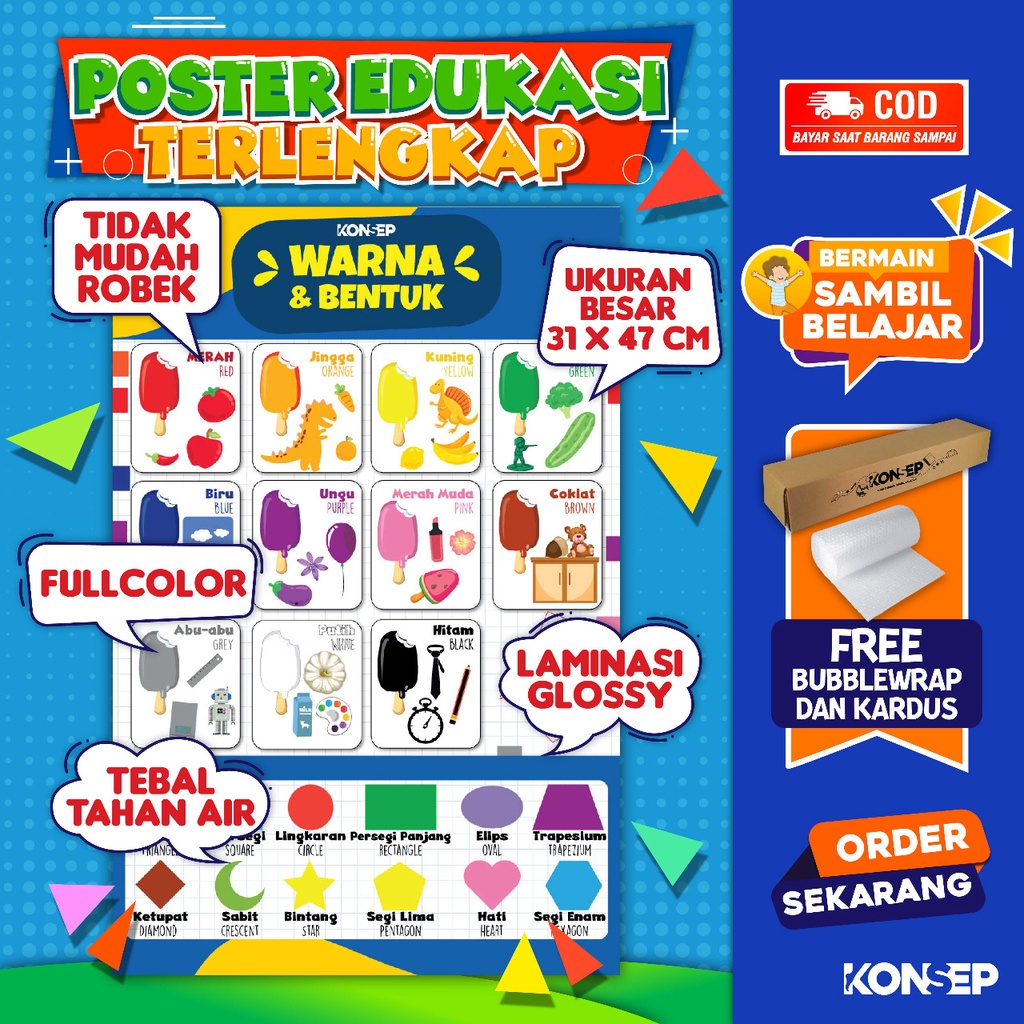 Konsep Poster Edukasi Pendidikan Anak Belajar Warna &amp; Bentuk Paud Balita TK Toodler SD Laminasi Glossy Tahan Air