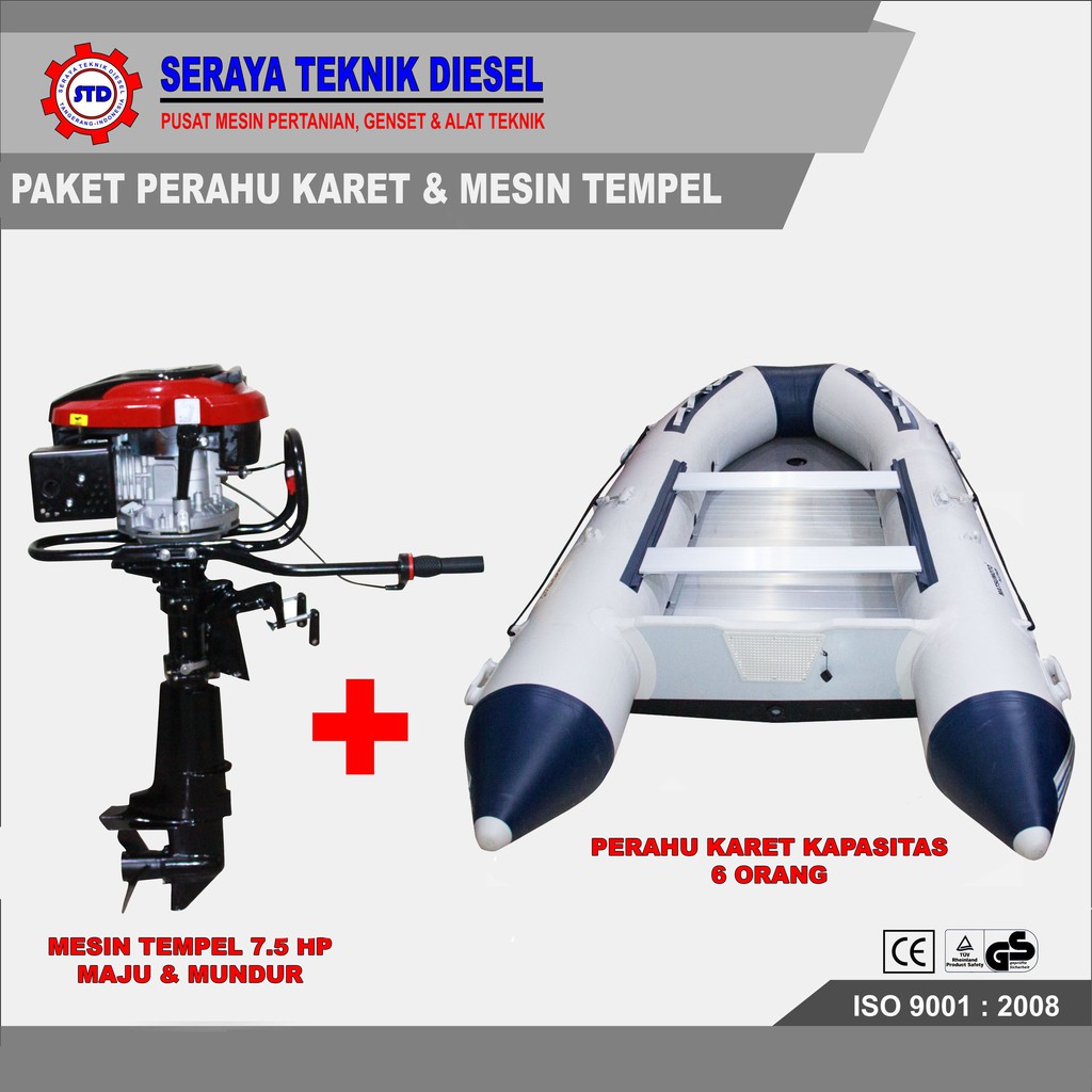 MESIN TEMPEL 7.5 HP & PERAHU KARET 6 ORANG 3 x 1.5 M SIAP PAKAI