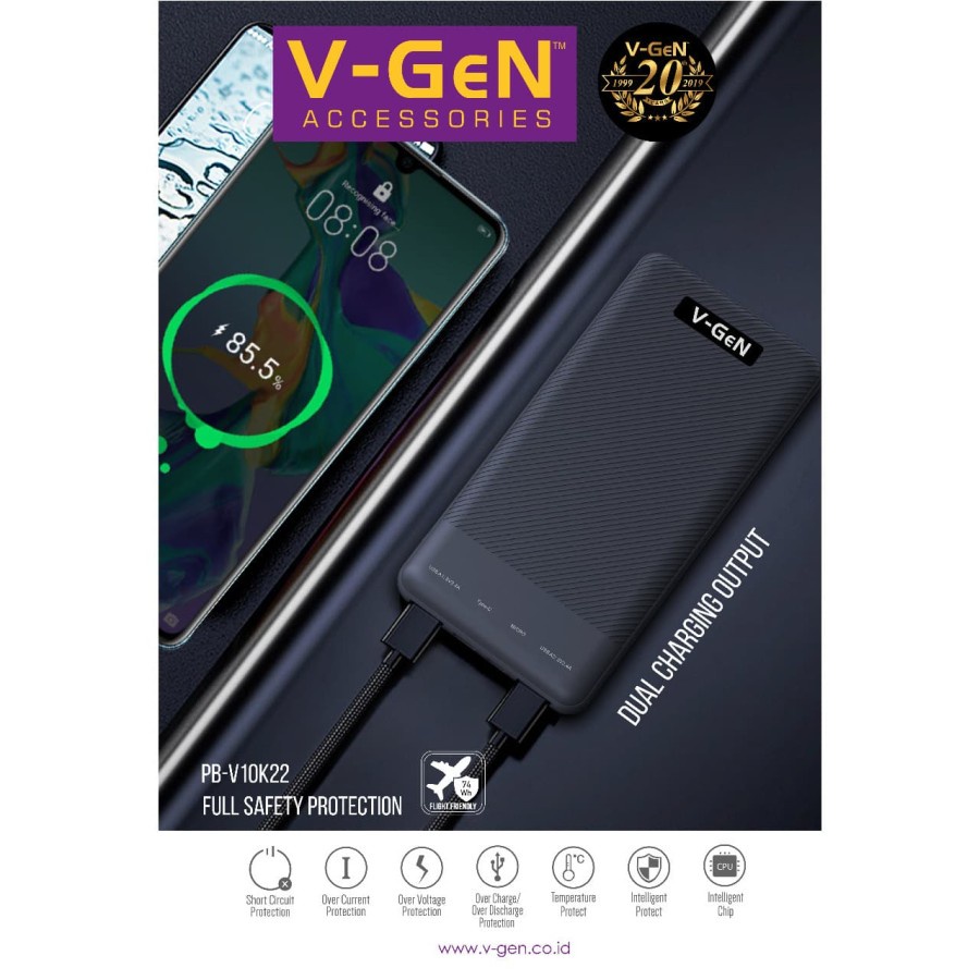 Powerbank V-GeN Rescue V10K22 10000mAh 2 Output 2.4A Slim Power Bank