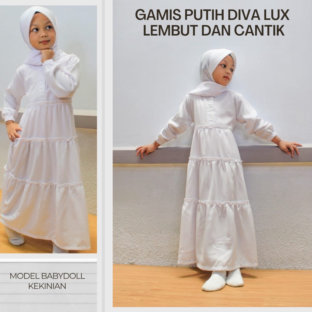 (COD) GAMIS DRESS ANAK PUTIH POLOS REMPEL BABYDOLLBAHAN DIVA LUX set KERUDUNG
