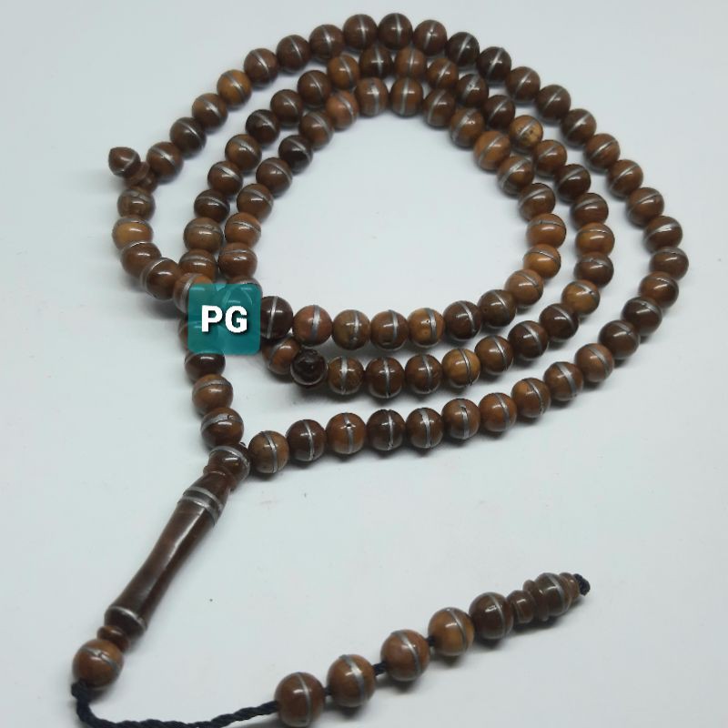 Tasbih Kaoka Coklat Hias Logam Putih Asli 100butir 8mm